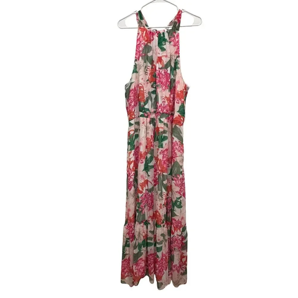 CeCe Pink Floral Print Halter Neck Tie Back Cut Out Pleated Maxi Dress Size 14W - Picture 2 of 9